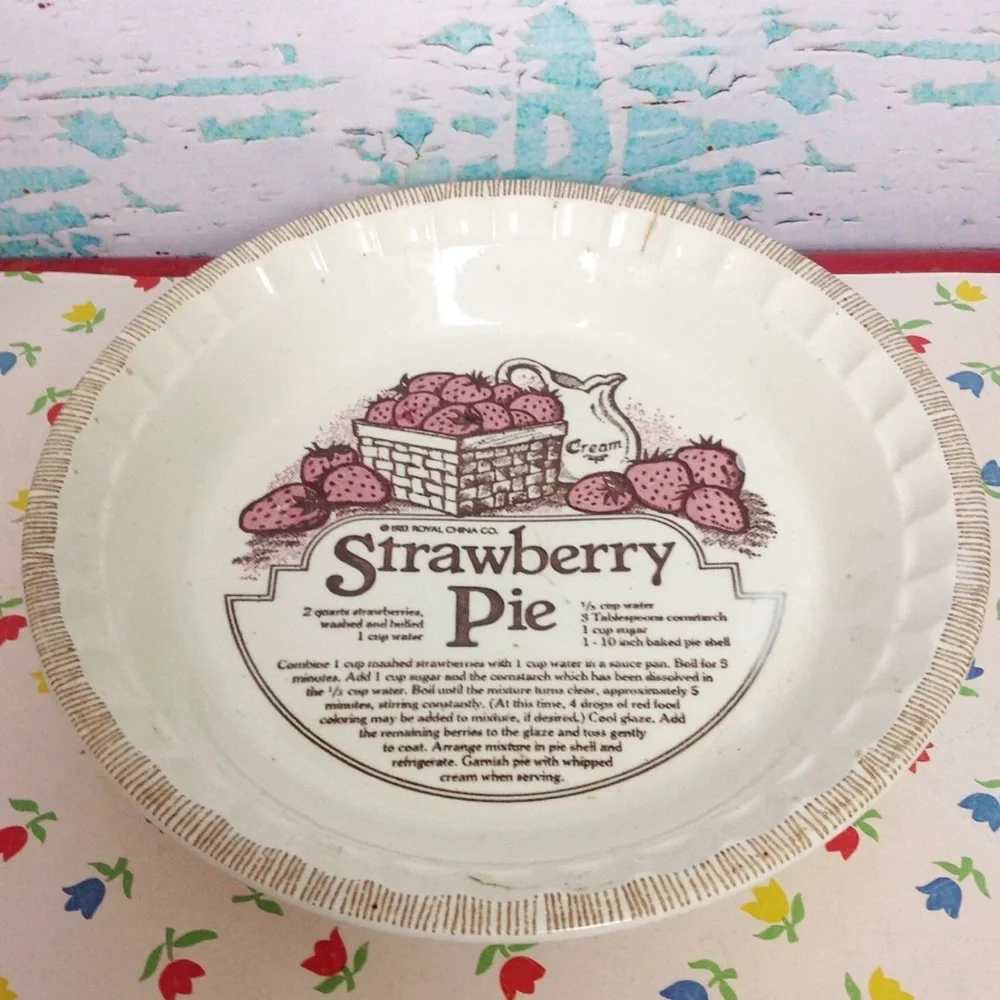 Strawberry Pie Recipe Dish Royal China Co Ceramic Baker Pink Brown Vintage 80s